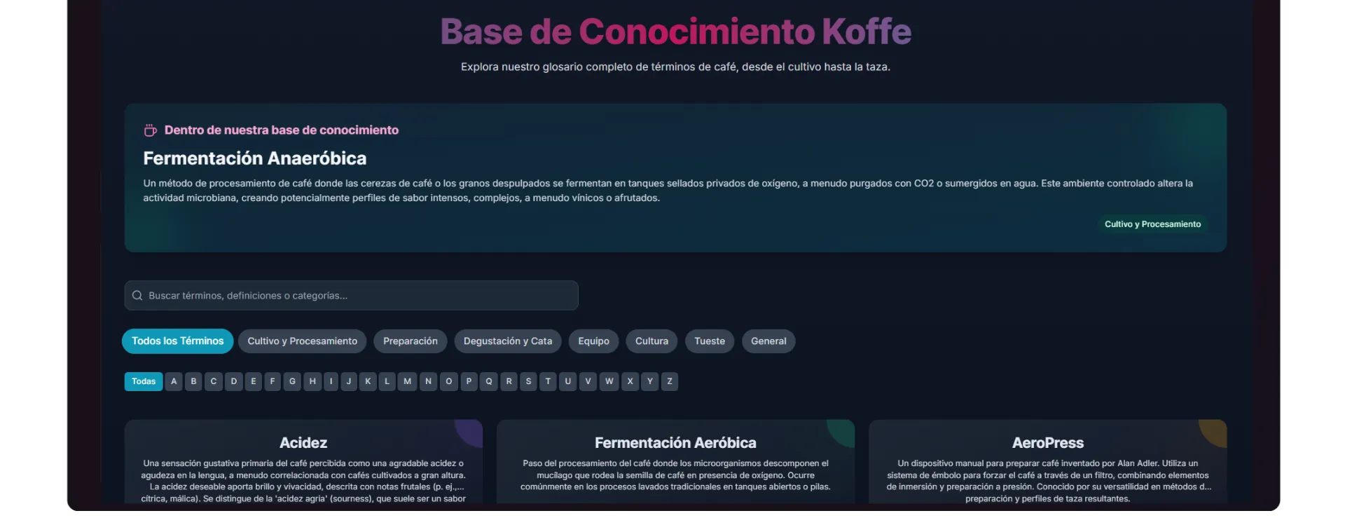 Característica destacando nuestro Glosario Potenciado por IA